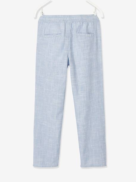 Pantalon léger retroussable en pantacourt aspect lin tissé garçon beige chiné+bleu clair 