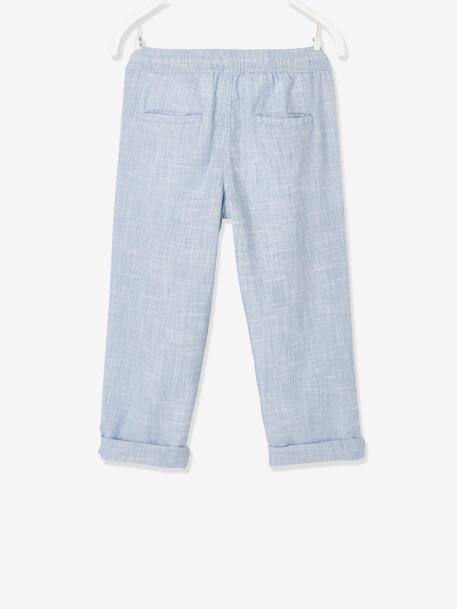 Pantalon léger retroussable en pantacourt aspect lin tissé garçon beige chiné+bleu clair 