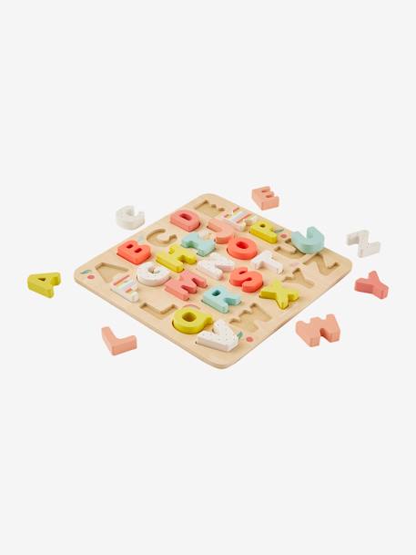 Buchstaben-Puzzle aus FSC® Holz mehrfarbig+rosa 