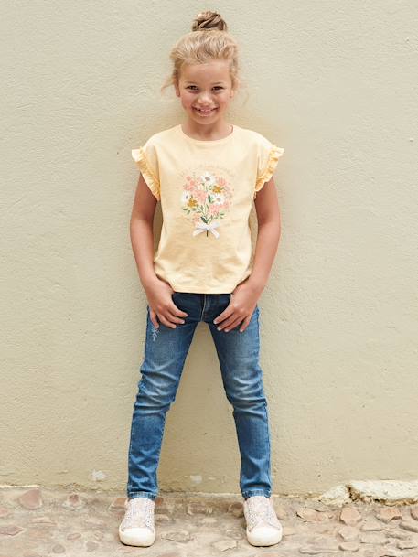 T-shirt à motif irisé fille manches courtes volantées écru+jaune pâle+marine+mauve 