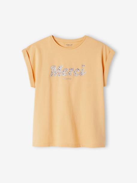 T-shirt à message motifs fleurs fille bleu ciel+écru+jaune pâle+marine 