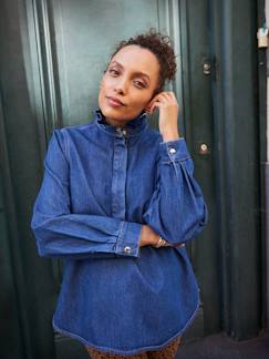 Umstandsmode-Umstands-Jeansbluse mit Volant-Stehkragen Mama-Tochter-Capsule
