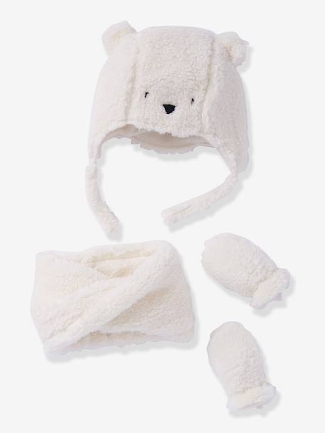 Chapka Snood Moufles Bebe Facon Peluche Blanc Bebe