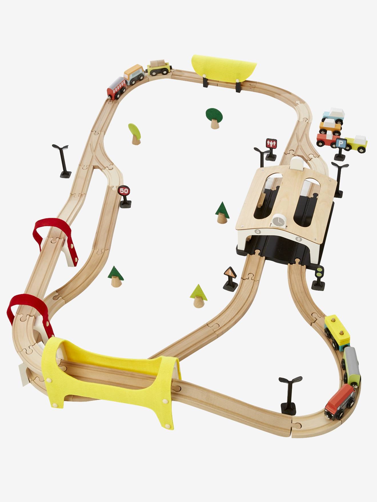 Circuit train en bois; 66 pièces - multicolore, Jouet