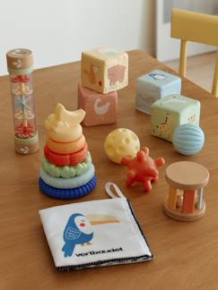 Lernspiel-Set ab der Geburt: Stoff-Buch, Regenmacher, Stapelturm, Stoffwürfel, Sensorik-Bälle und Holzrassel, Holz FSC®