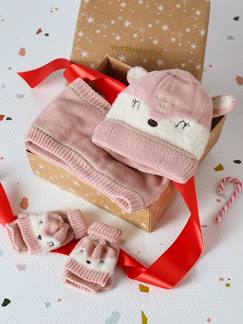 Mädchen-Accessoires-Geschenkset: Mütze, Rundschal & Handschuhe mit Reh-Motiv für Mädchen