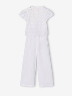 Mädchen-Latzhose, Overall-Mädchen Jumpsuit mit Lochstickerei und Crinkle-Effekt, Kommunion