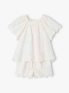 Mädchen-Festlicher Mädchen-Set: Top und Shorts aus Musselin, Lochstickerei