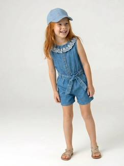 Mädchen-Kurzoverall Denim bestickter Kragen Mädchen