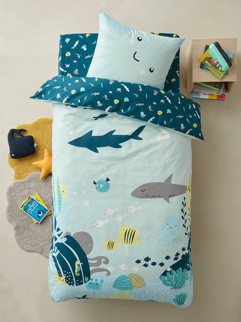 Parure fourre de duvet + taie d'oreiller enfant FONDS MARINS bleu
