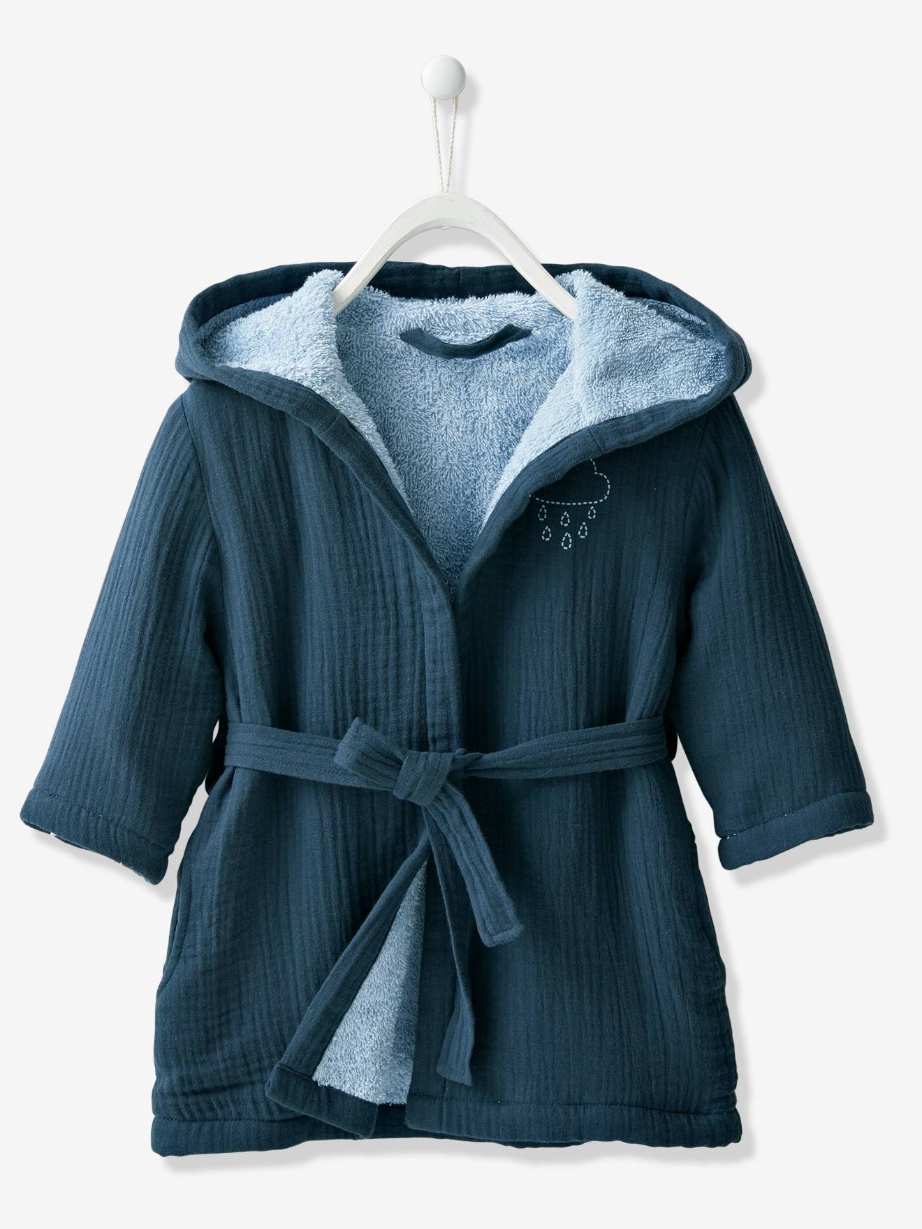 Peignoir Bebe En Gaze De Coton Personnalisable Bleu Nuit Bebe