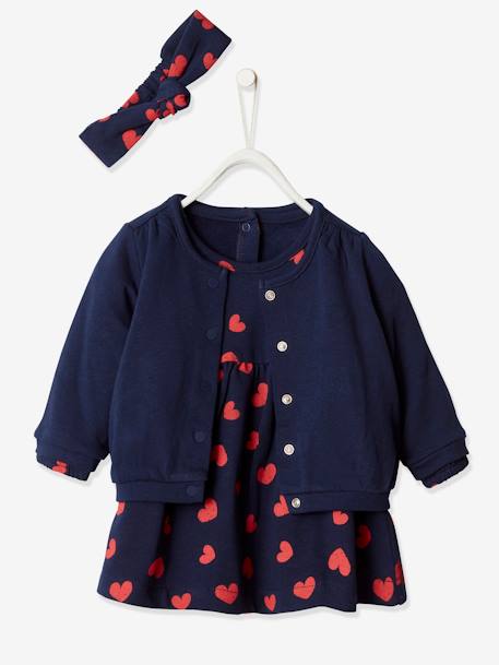 Ensemble 3 Pieces Robe Cardigan Bandeau Bebe Fille Marine Imprime Bebe