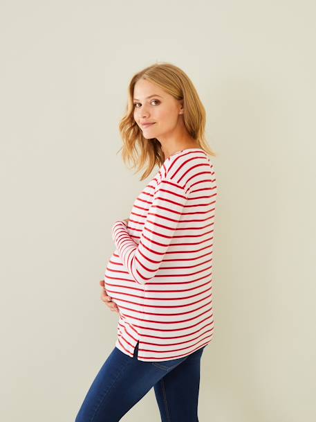 T-shirt marinière de grossesse et d'allaitement blanc rayé+blanc rayé rouge 