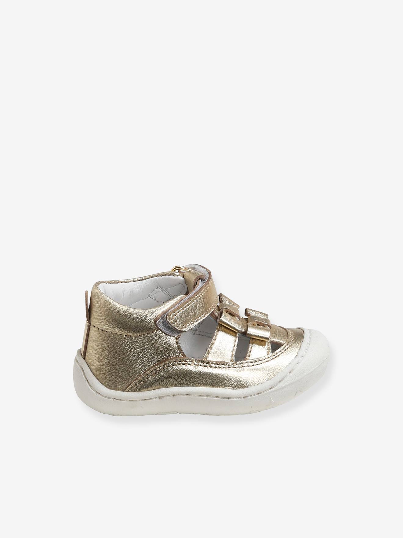 Sandales Cuir Souple Bebe Fille 4 Pattes Metallise Or Chaussures
