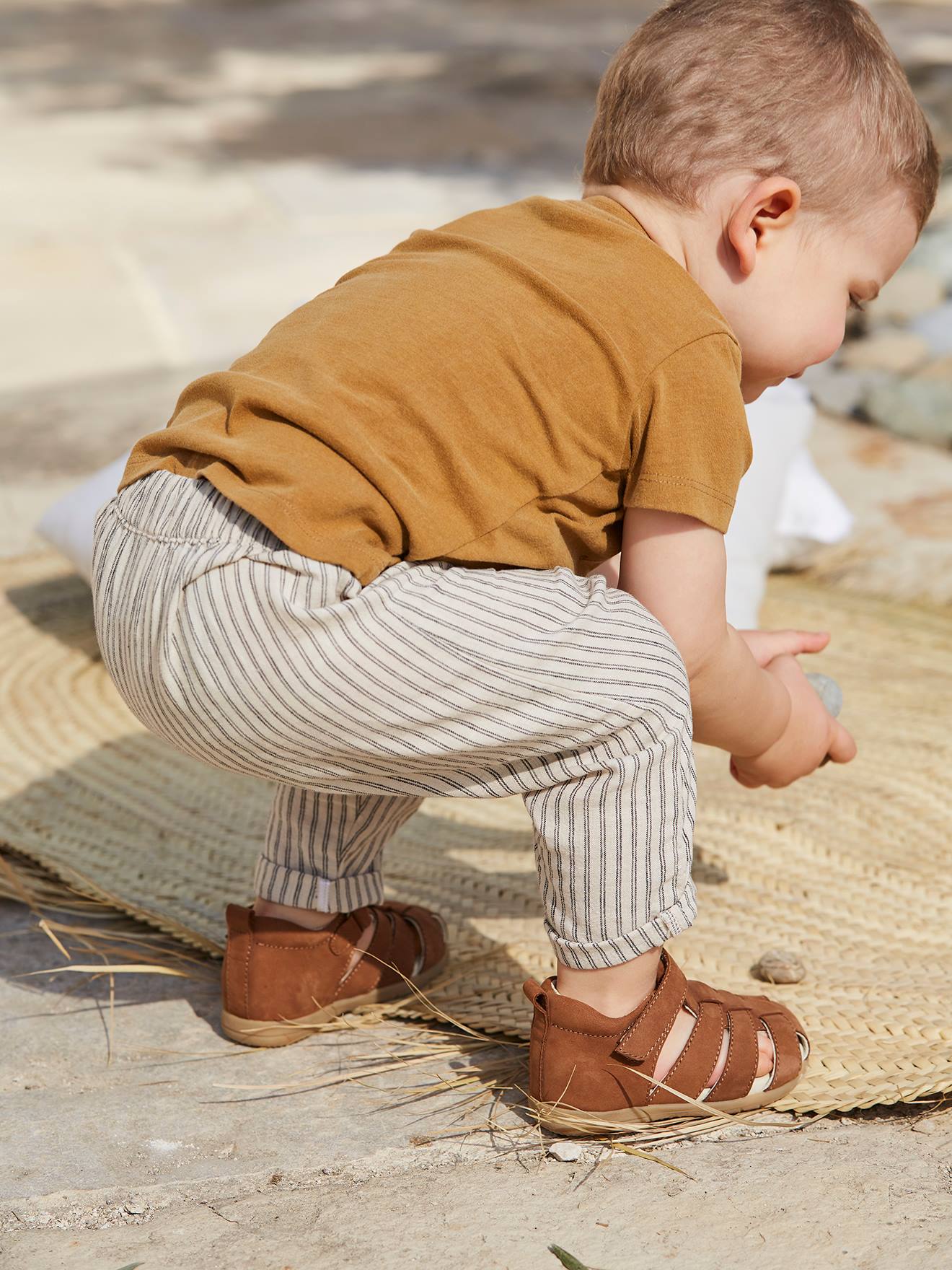 Pantalon Bebe Garcon Lin Et Coton Raye Ficelle Bebe