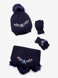 Mädchen-Accessoires-Mütze, Schal, Handschuhe-Mädchen-Set mit Blumen: Mütze, Rundschal & Halbhandschuhe Oeko-Tex®