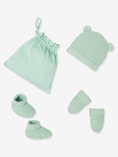 Bébé-Accessoires-Ensemble bonnet, moufles et chaussons bébé naissance et son sac assorti
