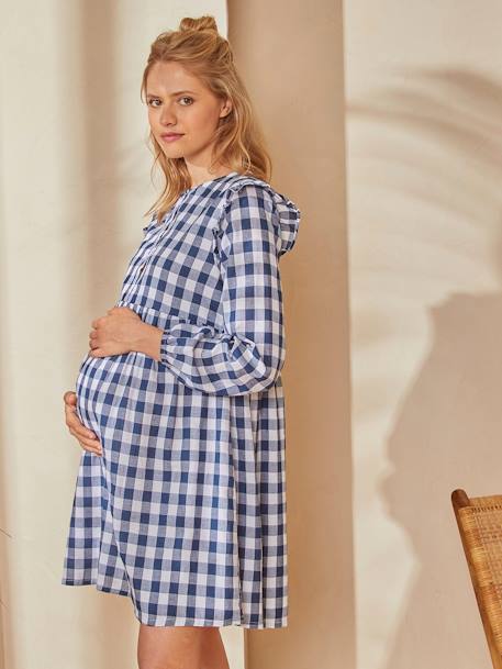 Robe de grossesse et d'allaitement carreaux tissés carreau bleu/blanc 
