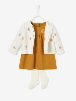 Bébé-Ensemble cardigan brodé + robe en molleton + collant bébé