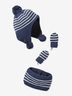 Bébé-Accessoires-Ensemble rayé bonnet + snood + moufles bébé garçon