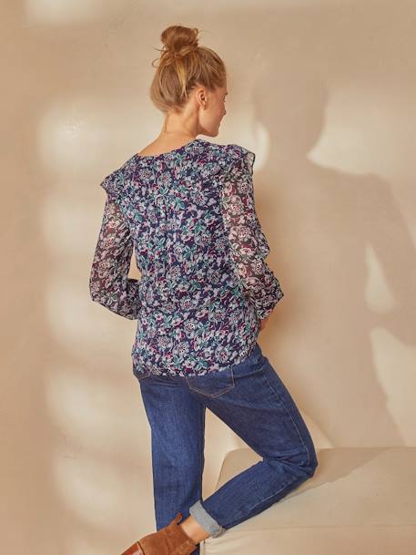 Blouse imprimée volantée grossesse et allaitement bleu 