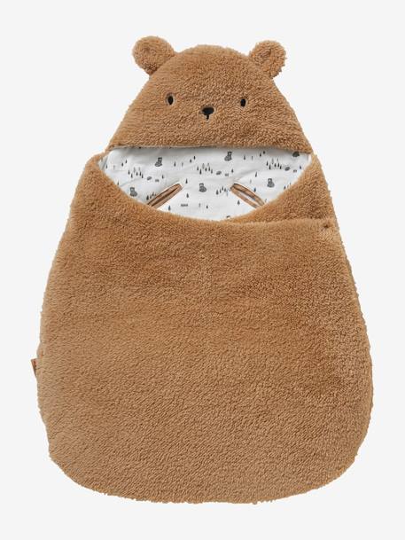 Nid d'ange transformable en peluche Ourson beige+écru+gris souris+kaki+rose imprimé 