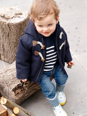 Manteau Duffle-coat Bébé 24 Mois (86cm) - Drap De Laine, Doublure Ouatine, Capuche, Brandebourgs Bois - Couleur Encre, Chaud Et Stylé