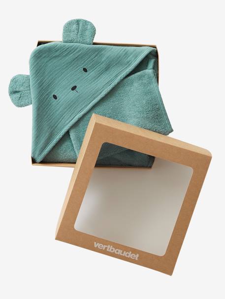 Cape de bain gaze de coton + gant de toilette BIO* bleu+ocre+rose+vert 