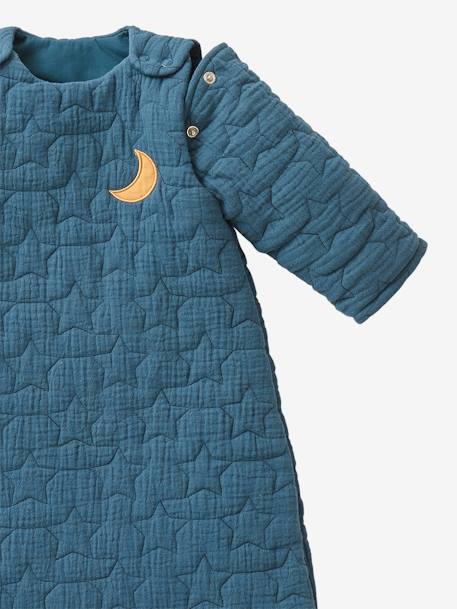 Bio-Kollektion: Baby Schlafsack mit abnehmbaren Ärmeln 'Traumnächte' - Baumwollgaze karamell+marine+wollweiß 