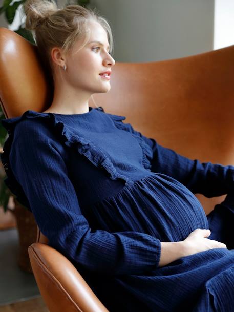 Kleid für Schwangerschaft und Stillzeit, Musselin TINTENBLAU 