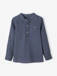 Garçon-Chemise-Chemise col Mao en coton/lin garçon manches retroussables