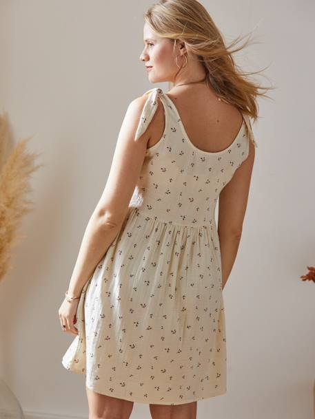 Robe courte gaze de coton grossesse et allaitement beige imprimé+rose 