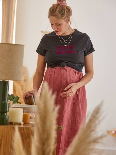 Jupe longue de grossesse en gaze de coton olive+terracotta 