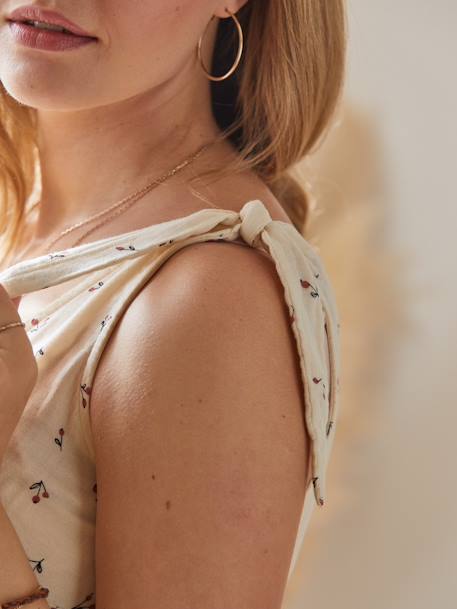 Kurzes Baumwollkleid für Schwangerschaft und Stillzeit beige bedruckt+rosa 