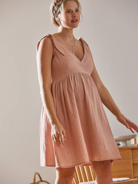 Kurzes Baumwollkleid für Schwangerschaft und Stillzeit beige bedruckt+rosa 