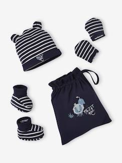 Bébé-Accessoires-Ensemble bonnet + chaussons + moufles + pochon bébé garçon