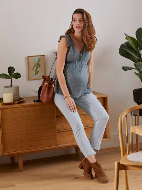 Blouse de grossesse et d'allaitement gaze de coton blanc imprimé pois or+Vert 