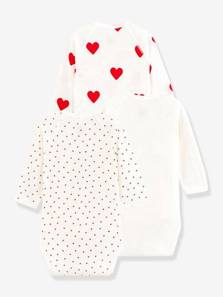 Lot de 3 bodies croisés manches longues coeurs bébé naissance en coton bio PETIT BATEAU blanc 