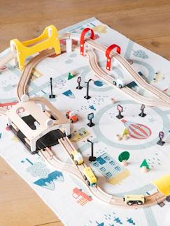 Jouet-Jeux d'imagination-Figurines, mini mondes, héros et animaux-Circuit train en bois; 66 pièces