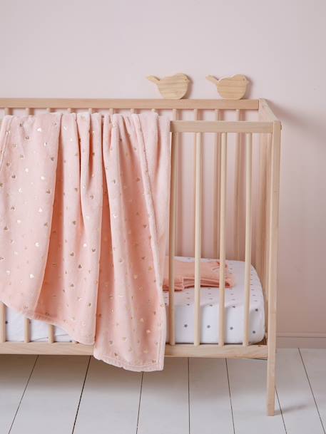 Plaid enfant en polaire motifs dorés écru / coeurs dorés+ROSE PALE IMPRIME 