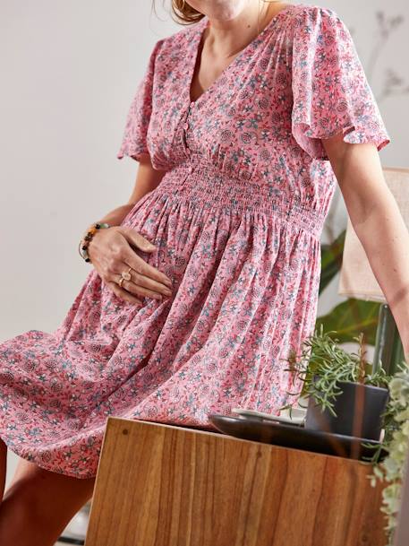 Robe courte en crêpe imprimé grossesse et allaitement blanc imprimé+rose imprimé 