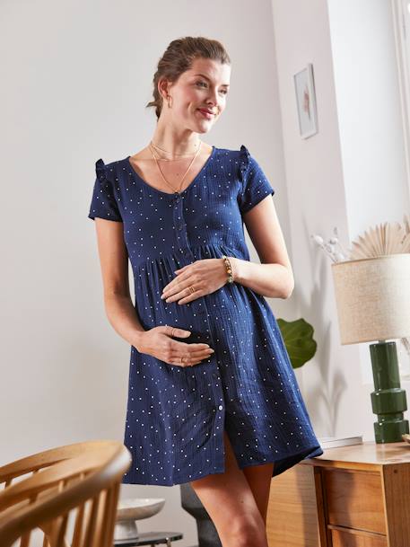 Musselin-Kleid, Schwangerschaft und Stillzeit blau bedruckt+sauge 