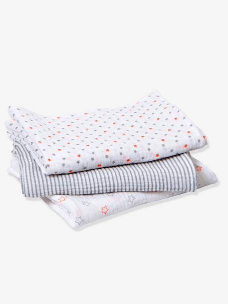 Lot de 3 langes bébé Gris/rayures et étoiles+Multicolore/géométriques+Multicolore/rayures et pois 