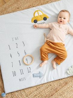 Spielzeug-Erstes Spielzeug-Krabbeldecke und Spielbogen-Baby Meilenstein-Decke aus Musselin „Simons Auto“, personalisierbar