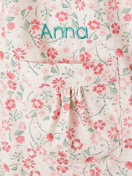 Tablier à fleurs personnalisable fille col volanté rose pâle imprimé 