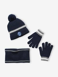 Garçon-Accessoires-Bonnet, écharpe, gants-Ensemble garçon bonnet + snood + gants en maille côtelée BASICS