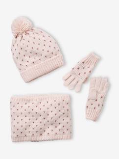 Fille-Accessoires-Ensemble bonnet + snood + gants coeurs fille