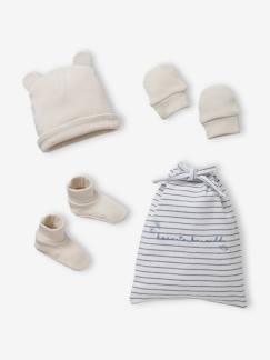 Bébé-Accessoires-Ensemble bonnet + moufles + chaussons bébé garçon en maille ajourée