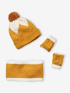 Fille-Accessoires-Ensemble bonnet + snood + gants maille jacquard dorée