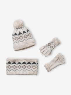 Garçon-Accessoires-Bonnet, écharpe, gants-Ensemble garçon bonnet + snood + gants en maille jacquard